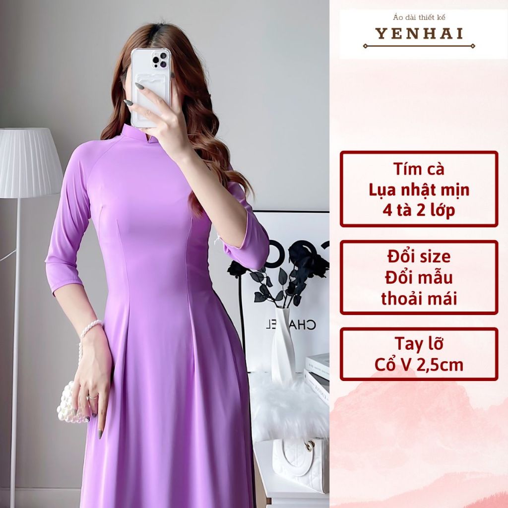 Áo dài truyền thống màu tím cà 4 tà 2 lớp lụa nhật thiết kế cổ cao 2,5cm tay lỡ - B4