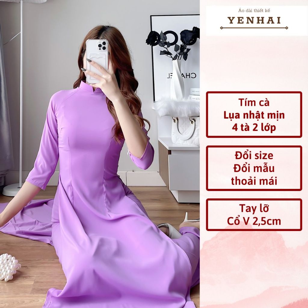 Áo dài truyền thống màu tím cà 4 tà 2 lớp lụa nhật thiết kế cổ cao 2,5cm tay lỡ - B4