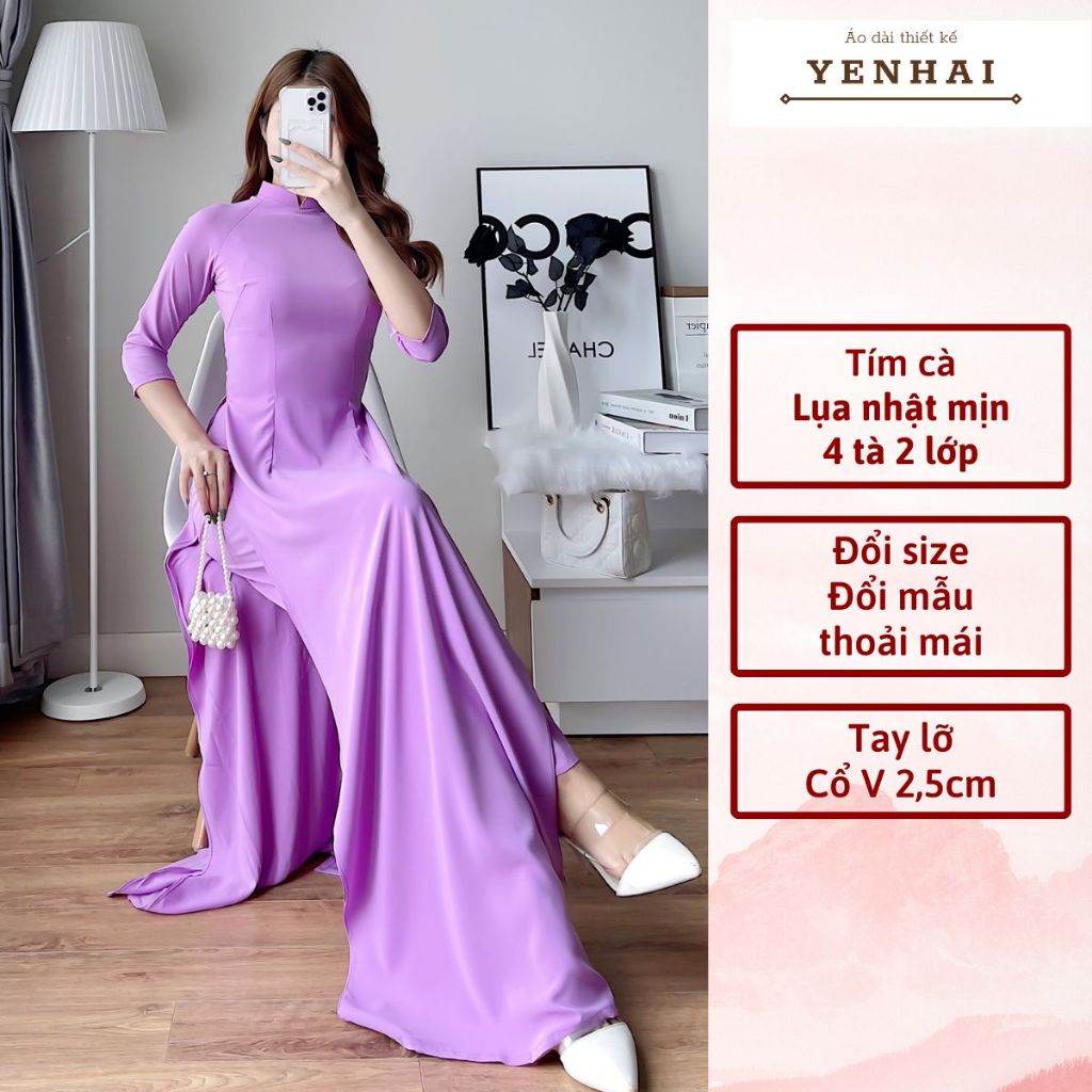 Áo dài truyền thống màu tím cà 4 tà 2 lớp lụa nhật thiết kế cổ cao 2,5cm tay lỡ - B4