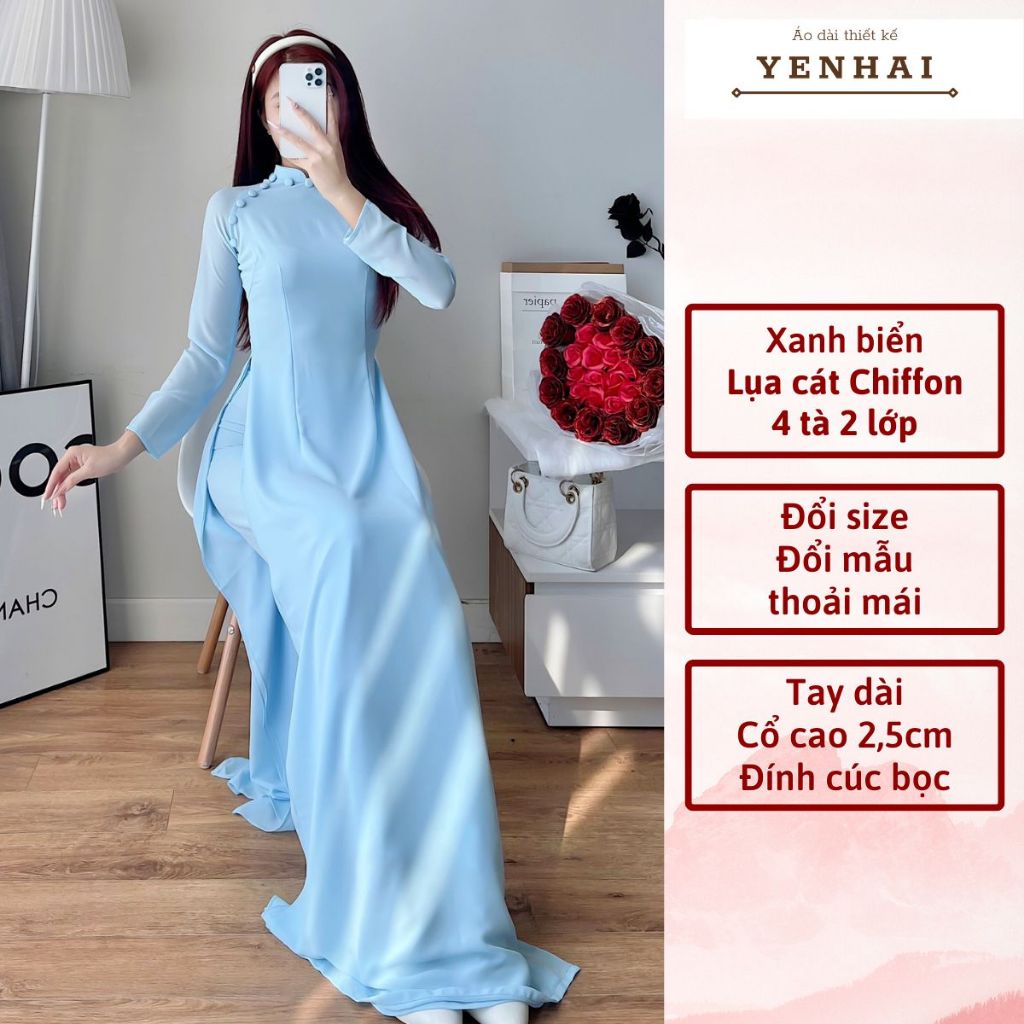 Áo dài truyền thống thiết kế cúc bọc chất lụa cát chiffon 4 tà 2 lớp màu xanh