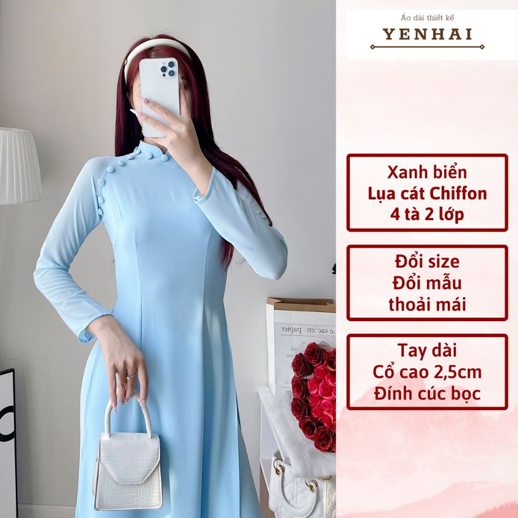 Áo dài truyền thống thiết kế cúc bọc chất lụa cát chiffon 4 tà 2 lớp màu xanh