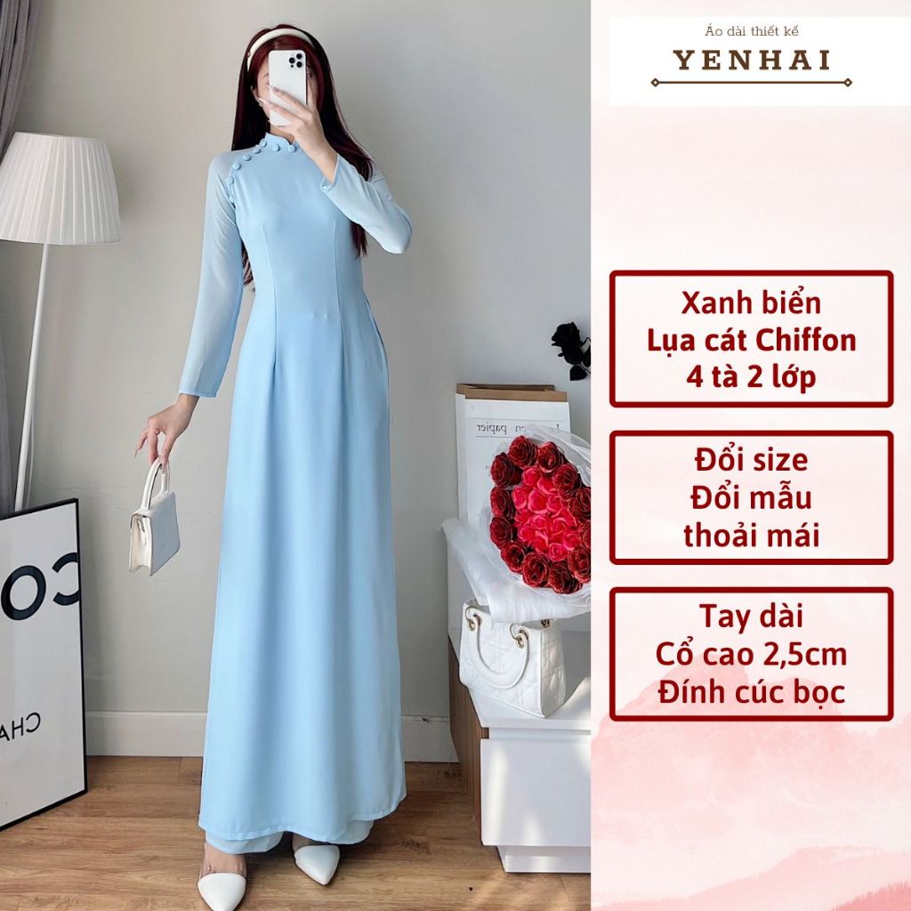 Áo dài truyền thống thiết kế cúc bọc chất lụa cát chiffon 4 tà 2 lớp màu xanh