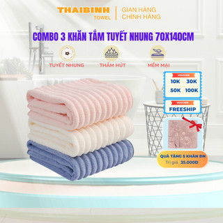 ( Tặng 5 khăn lau) Combo 3 khăn tắm tuyết nhung 70x140cm cao cấp Thai Binh Towel - sợi Microfiber siêu mềm mịn, thấm hút