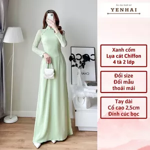 Áo dài truyền thống thiết kế cúc bọc chất lụa cát chiffon 4 tà 2 lớp màu xanh