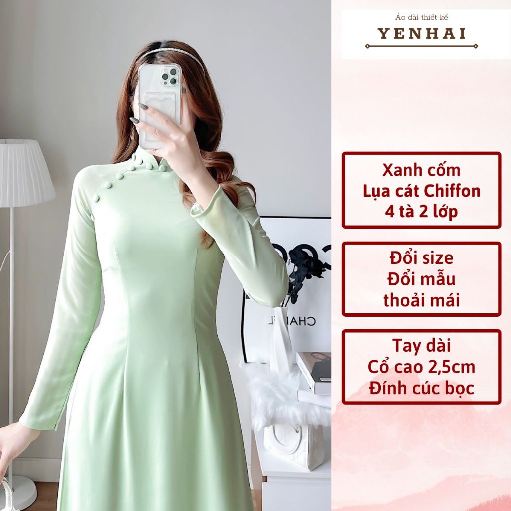 Áo dài truyền thống thiết kế cúc bọc chất lụa cát chiffon 4 tà 2 lớp màu xanh