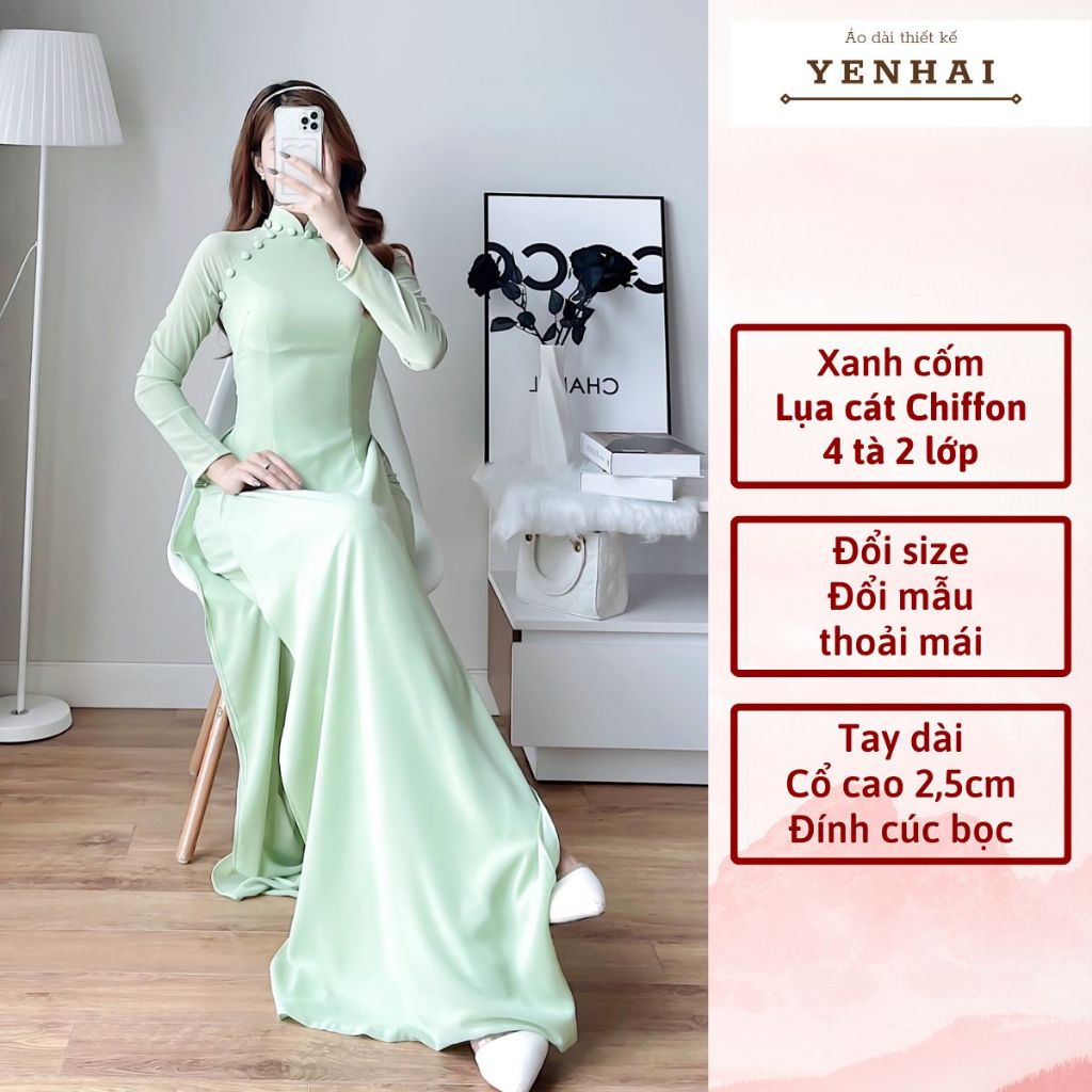 Áo dài truyền thống thiết kế cúc bọc chất lụa cát chiffon 4 tà 2 lớp màu xanh