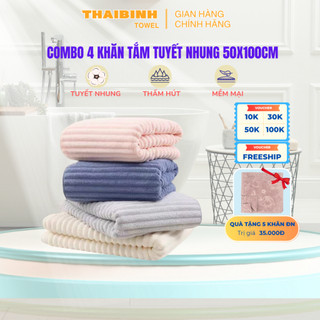 ( Tặng 5 khăn lau) Combo 4 khăn tắm tuyết nhung 50x100cm cao cấp Thai Binh Towel - sợi Microfiber siêu mềm mịn, thấm hút