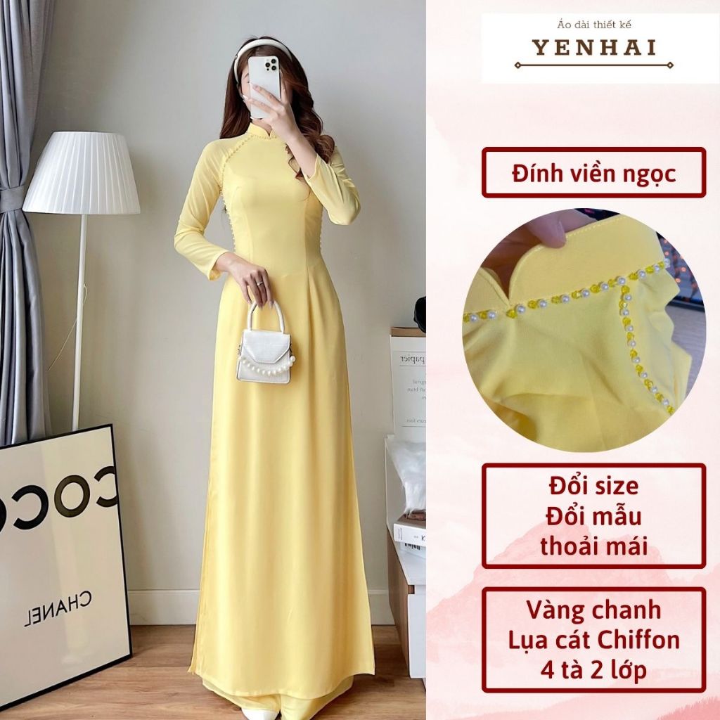 Áo dài thiết kế đính ngọc chất lụa cát chiffon 4 tà 2 lớp cổ cao tay dài - cf11, cf13