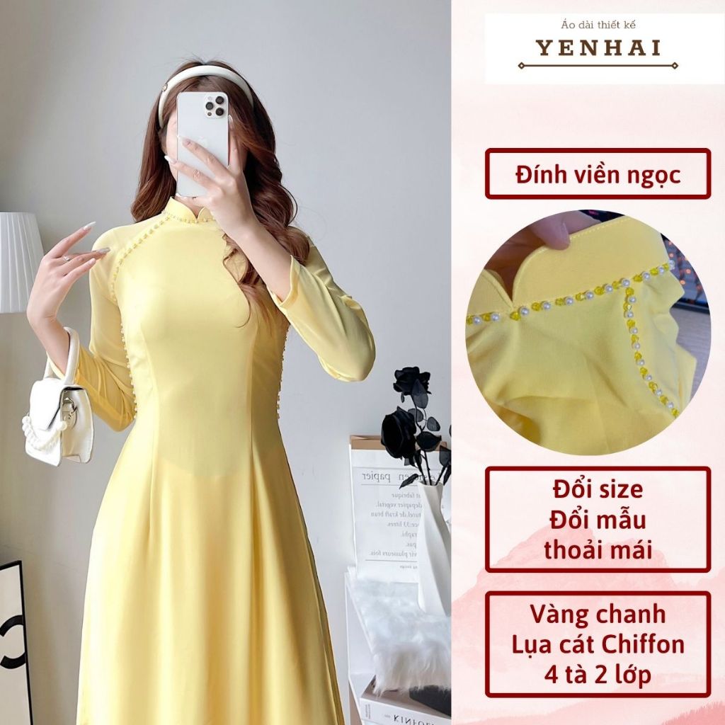 Áo dài thiết kế đính ngọc chất lụa cát chiffon 4 tà 2 lớp cổ cao tay dài - cf11, cf13
