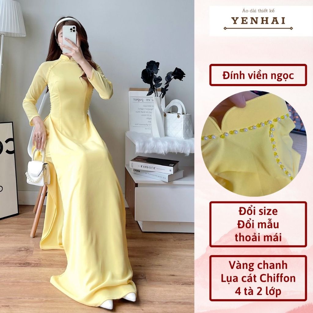 Áo dài thiết kế đính ngọc chất lụa cát chiffon 4 tà 2 lớp cổ cao tay dài - cf11, cf13