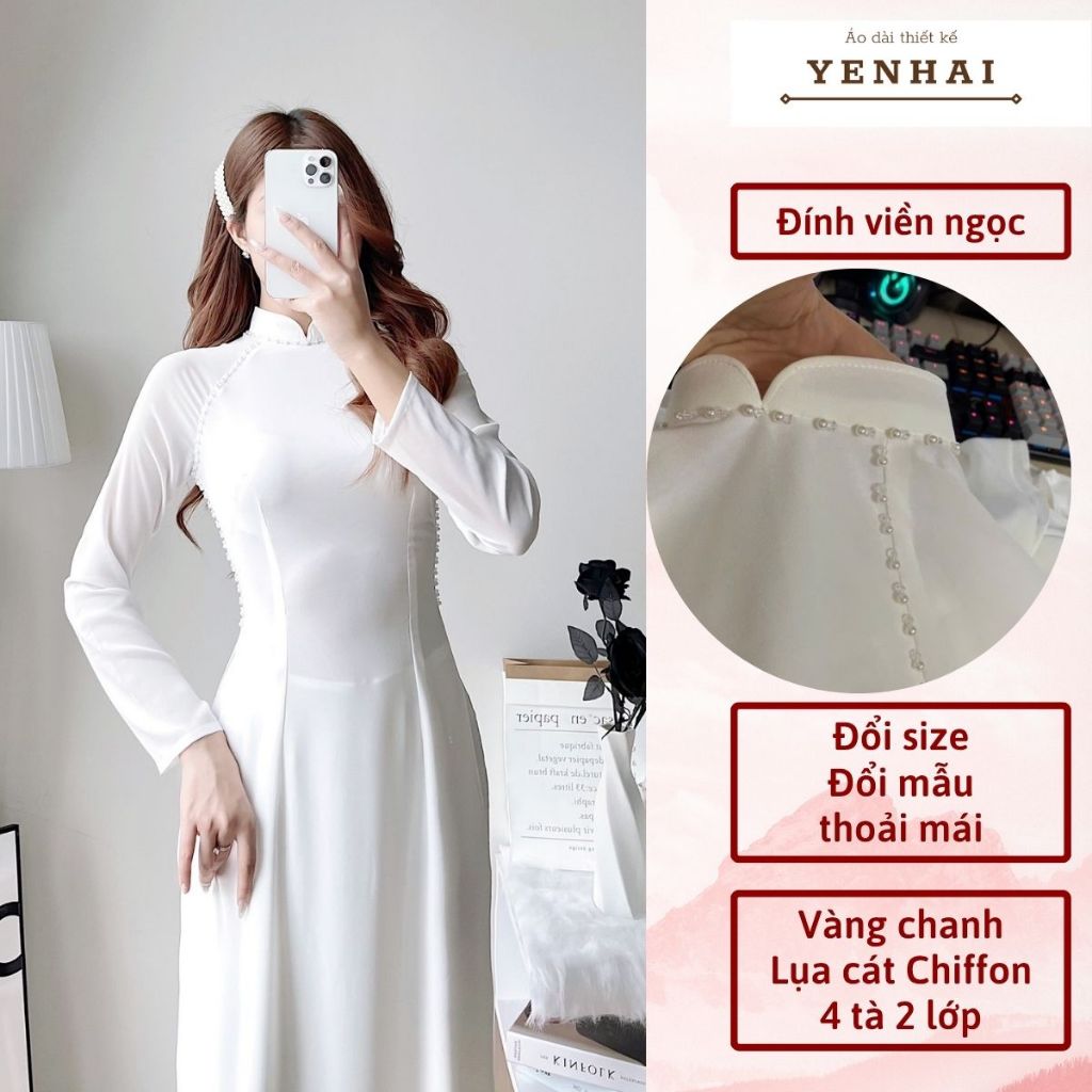 Áo dài thiết kế đính ngọc chất lụa cát chiffon 4 tà 2 lớp cổ cao tay dài - cf11, cf13