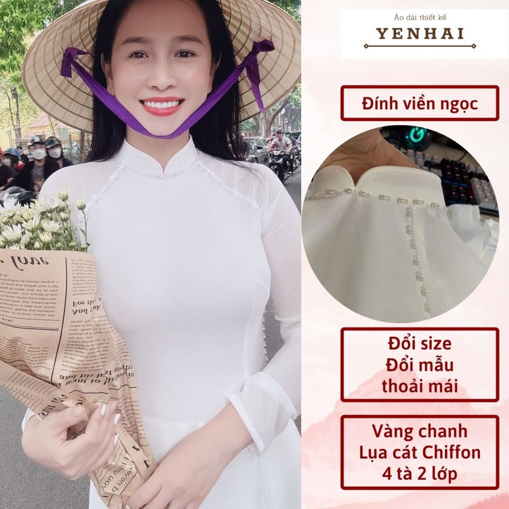 Áo dài thiết kế đính ngọc chất lụa cát chiffon 4 tà 2 lớp cổ cao tay dài - cf11, cf13