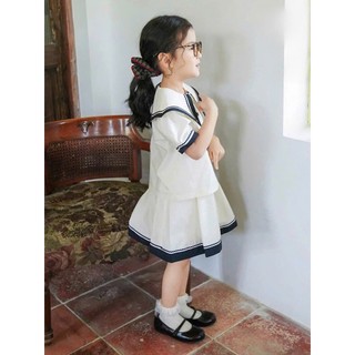 [B&G] Sét váy thủy thủ trắng kèm chân váy  viền đen dễ thương cho bé gái từ 10-45kg(2-12 tuổi)