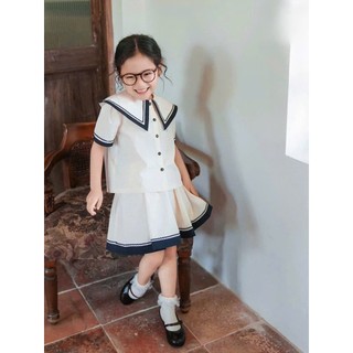[B&G] Sét váy thủy thủ trắng kèm chân váy  viền đen dễ thương cho bé gái từ 10-45kg(2-12 tuổi)