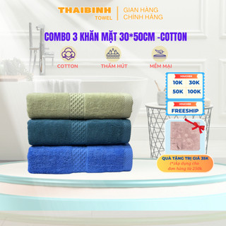 Bộ 3 Khăn Mặt 30x50cm THAI BINH TOWEL Cotton 100% Mềm Mại Siêu Thấm Hút Không Xù Bông