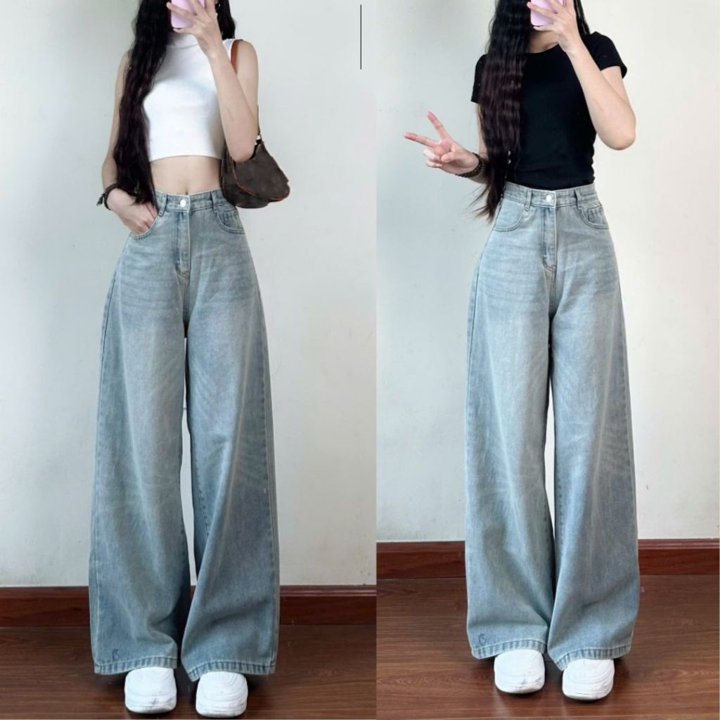 Quần jean ống suông rộng vừa Maia màu xanh mài hơi wash vàng cá tính lên dáng đẹp