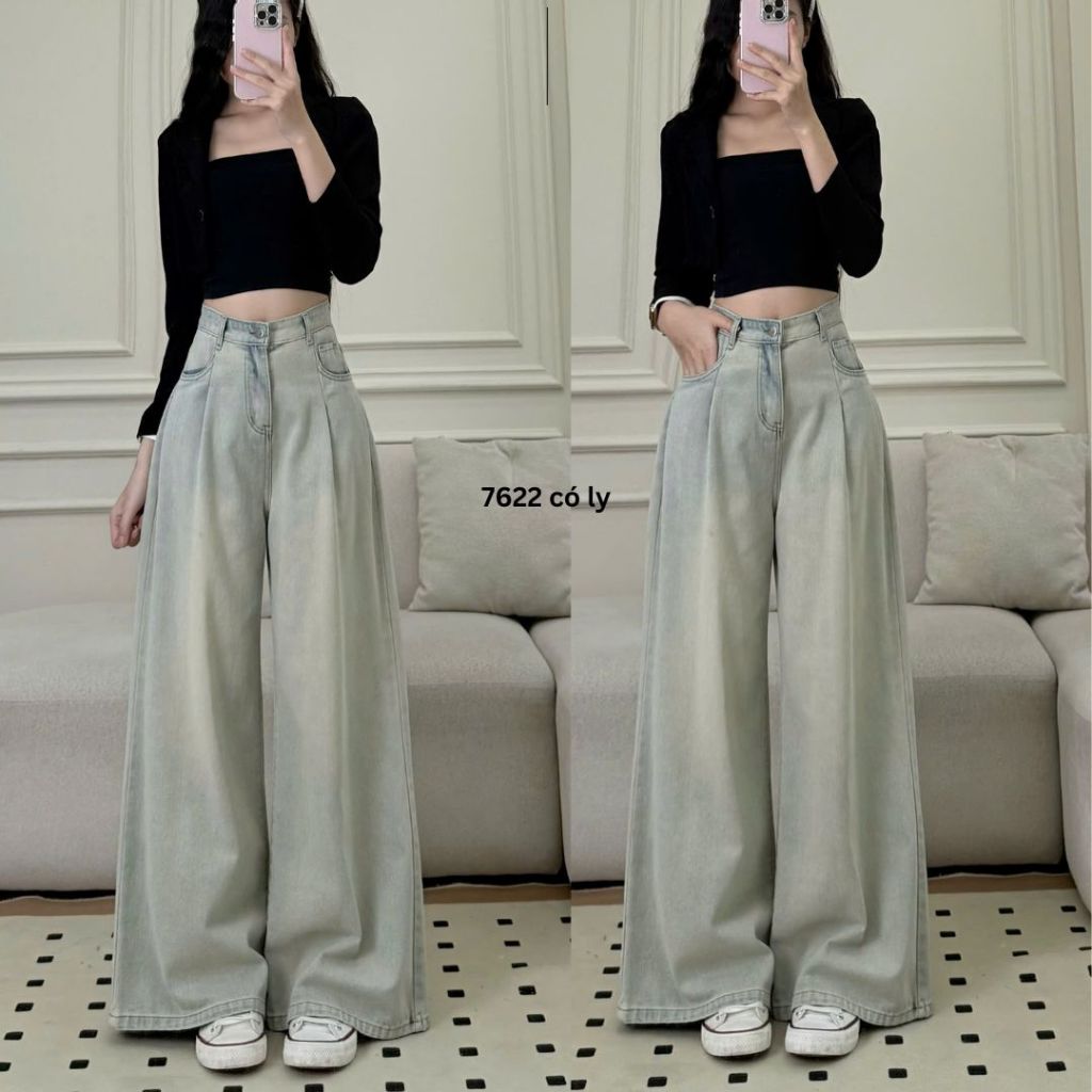 Quần jeans bò Joolate Ống suông rộng cạp cao tôn dáng jean mềm cao cấp