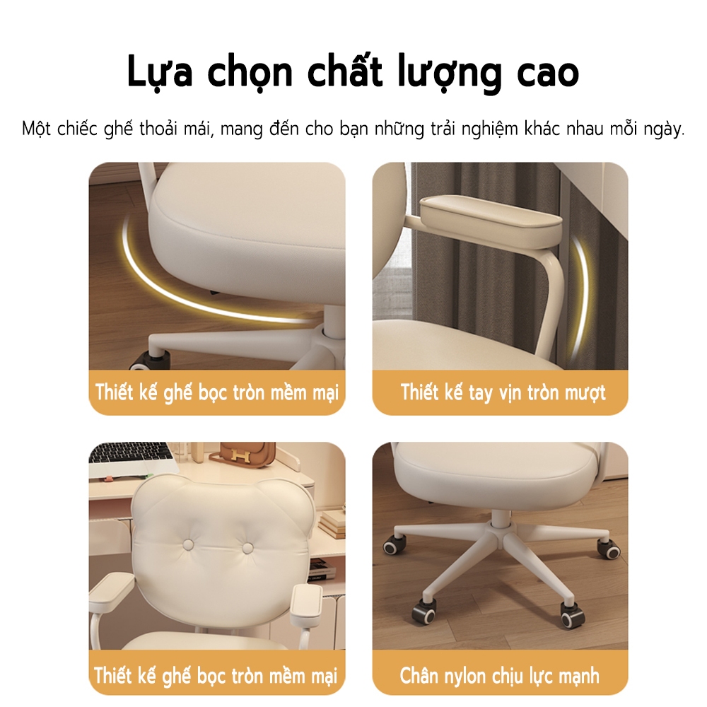NOVUS Ghế Trang Điểm Hình Gấu Dễ Thương,Ghế Xoay Đa Năng Lưng Tựa Cao, Nâng Hạ Mềm Mại, Chất Liệu Da Cao