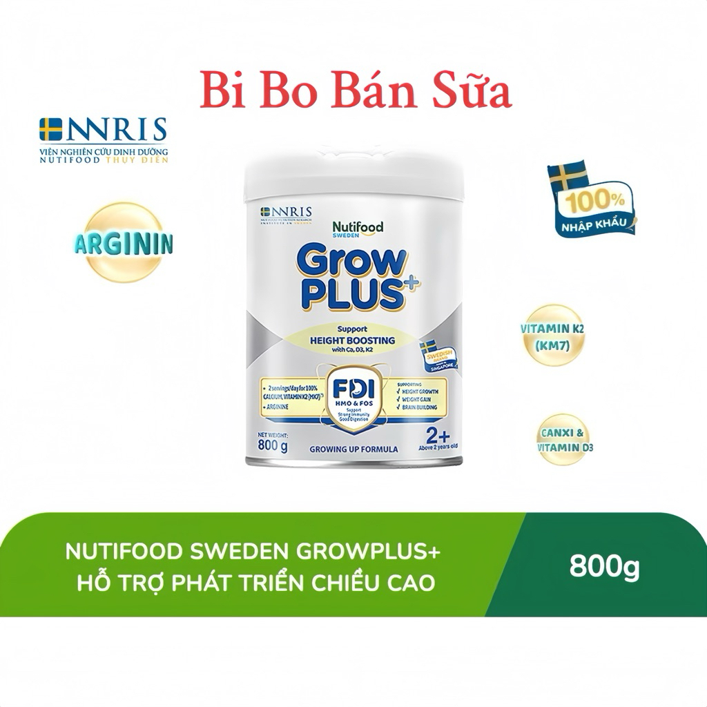 Sữa Bột Nutifood Sweden GrowPLUS+ Bạc Số 2+ Lon 800g [Cao Lớn Vượt Trội]