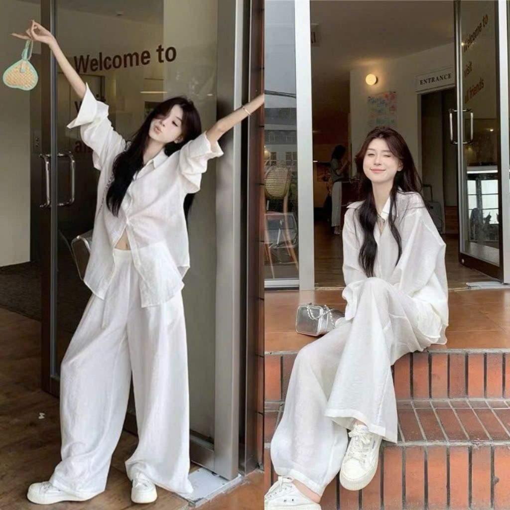 Set Sơ Mi Quần Suông Bigsize Nữ Vải Đũi Vân Mây – Form Rộng, Ống Rộng, Mát Mịn SET858