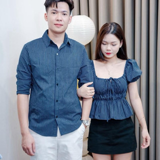 ( S - 36 ) Set đồ đôi nam nữ couple áo nữ babydoll cổ vuông chiết eo tay bồng và áo sơmi nam tay dài, đồ đôi