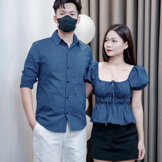 ( S - 36 ) Set đồ đôi nam nữ couple áo nữ babydoll cổ vuông chiết eo tay bồng và áo sơmi nam tay dài, đồ đôi