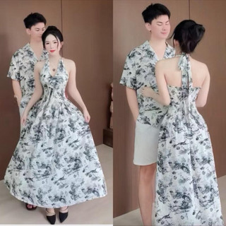 ( S - 71 ) Set đồ đôi nam nữ couple váy yếm maxi dáng dài hoạ tiết và áo sơmi nam chất lụa đồ đôi mặc đi biển