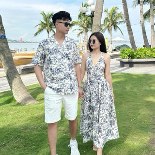 ( S - 71 ) Set đồ đôi nam nữ couple váy yếm maxi dáng dài hoạ tiết và áo sơmi nam chất lụa đồ đôi mặc đi biển