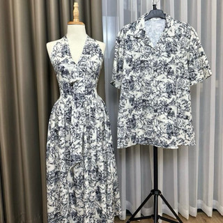 ( S - 71 ) Set đồ đôi nam nữ couple váy yếm maxi dáng dài hoạ tiết và áo sơmi nam chất lụa đồ đôi mặc đi biển
