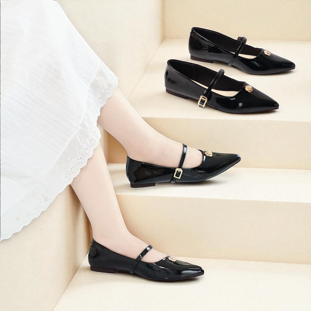Giày Búp Bê Nữ Đế Bệt Quai Ngang Mũi Nhọn Đính Hoa Da Bóng Pixie H399
