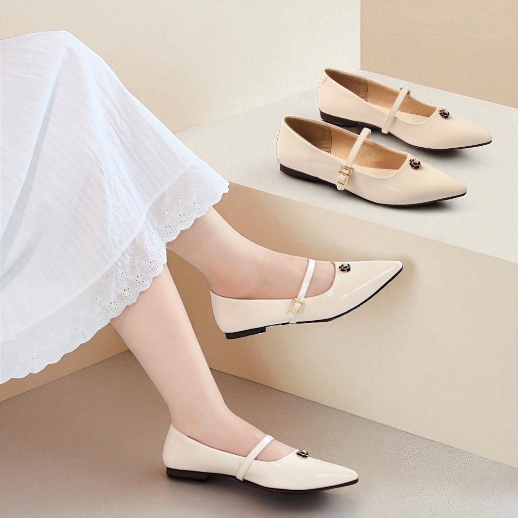 Giày Búp Bê Nữ Đế Bệt Quai Ngang Mũi Nhọn Đính Hoa Da Bóng Pixie H399