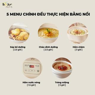 Nồi Nấu Cháo Chậm Đa Năng 1.6L Bear SB-NNC16, Kèm Lồng Hấp, 200W, Cách Thủy Hầm, Hẹn Giờ,BH 18 Tháng