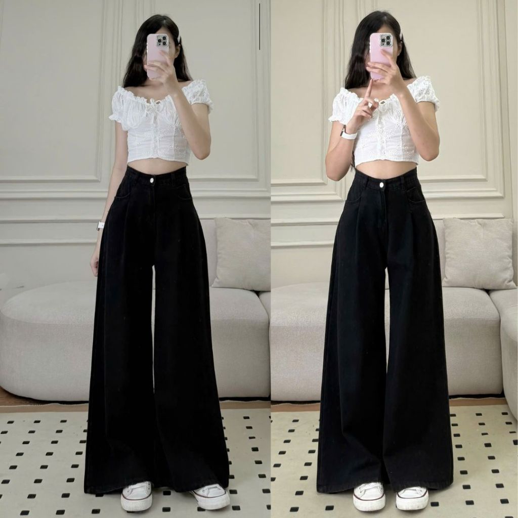 Quần jeans bò Joolate Ống suông rộng cạp cao tôn dáng jean mềm cao cấp