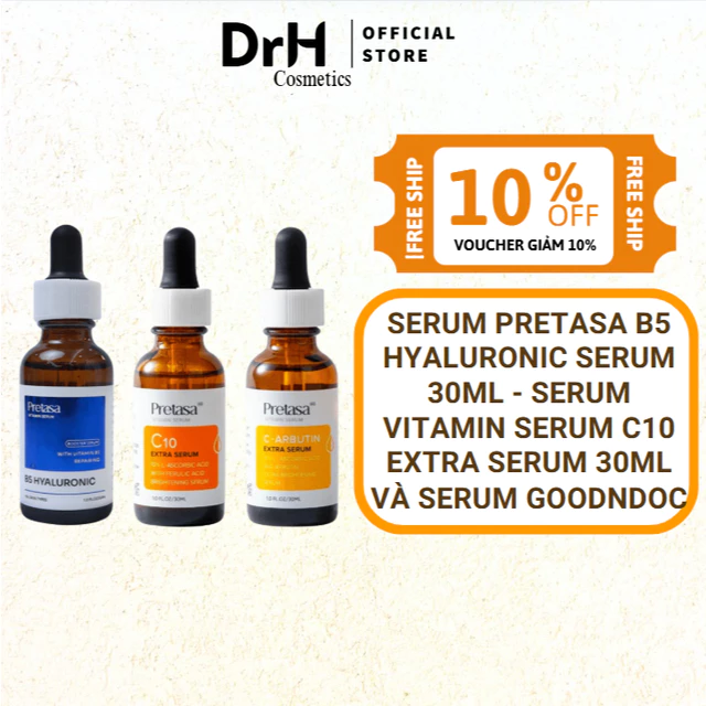 Serum Pretasa B5 Hyaluronic Serum 30ml - Serum Vitamin serum C10 Extra serum 30ml và Serum Goodndoc