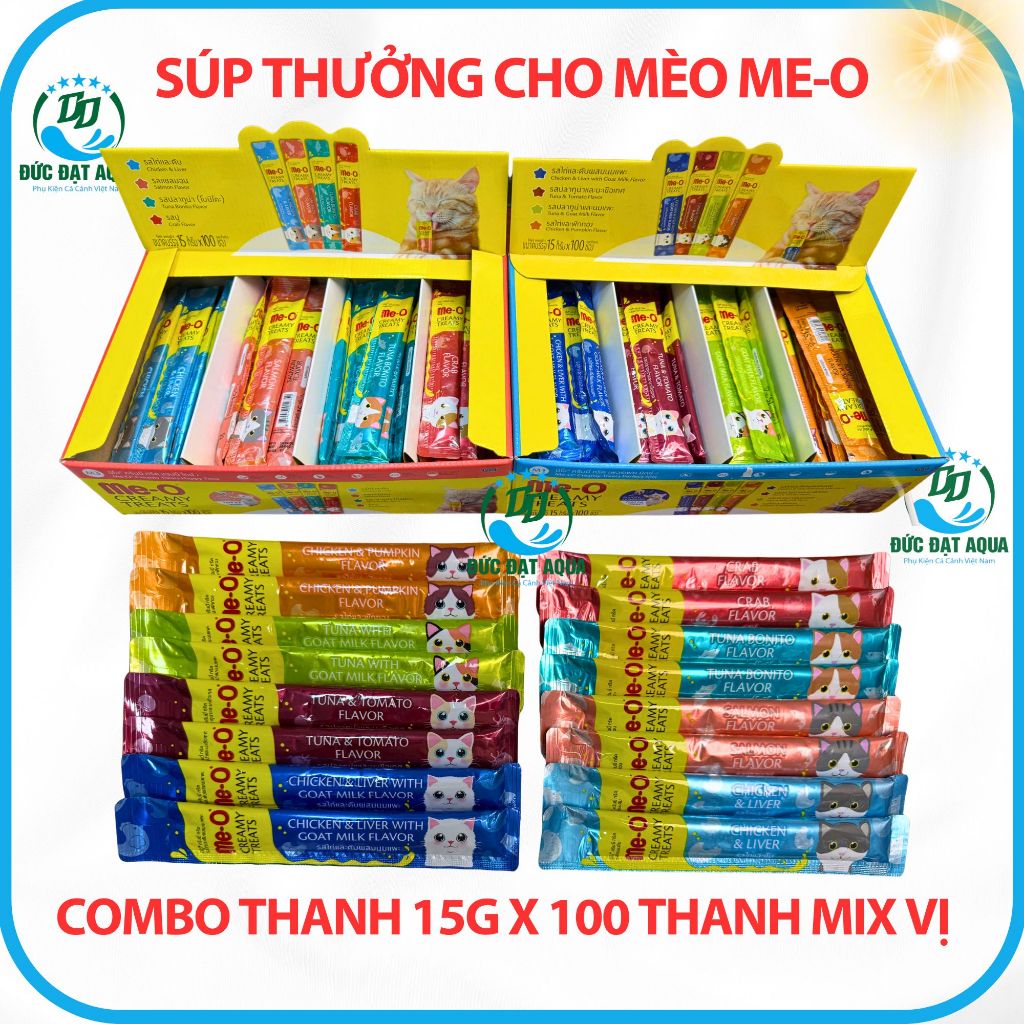 Hộp 100 Thanh-Súp Thưởng Cho Mèo Me-O Nhiều Dinh Dưỡng mix 4 vị và 8 vị combo nguyên thùng 100 thanh
