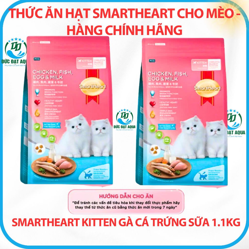Thức Ăn Cho Mèo Con Hạt Smartheart Kitten Gà Cá Trứng Sữa 1.1Kg hỗ trợ tiêu hóa, lông mượt cho mèo