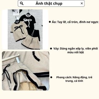 Đồ bộ nữ,set đồ nữ áo phông mì hàn tay lỡ đính nơ ngực mix chân váy xếp ly dáng ngắn viền phối màu HCOM3229 YuuMi Style