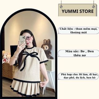 Đồ bộ nữ,set đồ nữ áo phông mì hàn tay lỡ đính nơ ngực mix chân váy xếp ly dáng ngắn viền phối màu HCOM3229 YuuMi Style