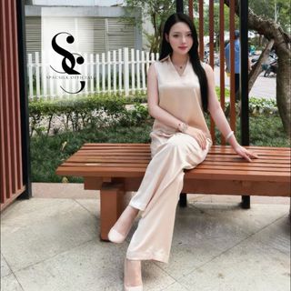 Bộ quần áo lụa Tô Châu cao cấp, set lụa dáng xuông quần xếp ly cạp cao áo sát nách cổ V thanh lịch Spacsilk