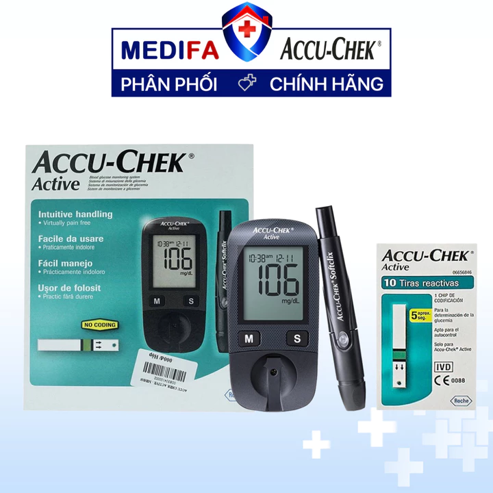 Máy Đo Đường Huyết ACCU-CHEK Active Công Nghệ Không Code Tiện Lợi, Kèm 10 Kim Lấy Máu