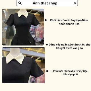 Váy nữ đen phối cổ sơ mi trắng tiểu thư sang chảnh, đầm nữ cộc tay dáng ngắn xòe họa tiết đính đá sang trọng HCOM25395