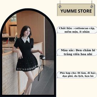 Váy nữ đen phối cổ sơ mi trắng tiểu thư sang chảnh, đầm nữ cộc tay dáng ngắn xòe họa tiết đính đá sang trọng HCOM25395