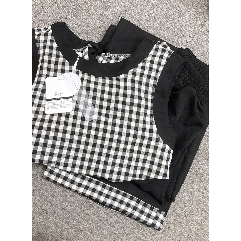L55- sét bộ babydoll carro, áo sát nách dáng xòe mix quần suông dài viền carro (40-60kg)