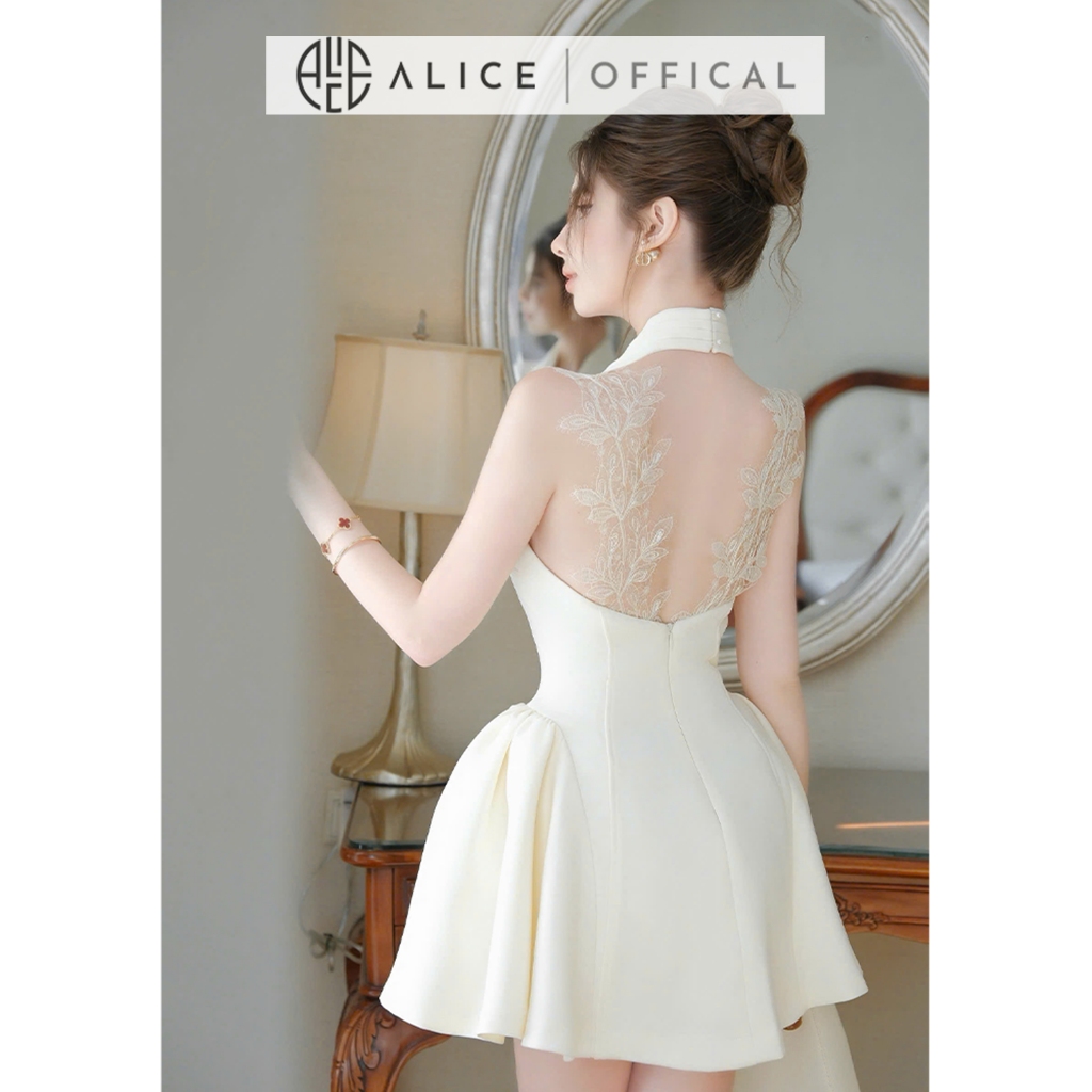 Váy Dự Tiệc Cao Cấp Alice Cổ Yếm Chữ V Sâu Phối Ren Vai, Đầm Ngắn Ôm Eo Khoét Lưng Dáng Chữ A Bông 2 Hông T248