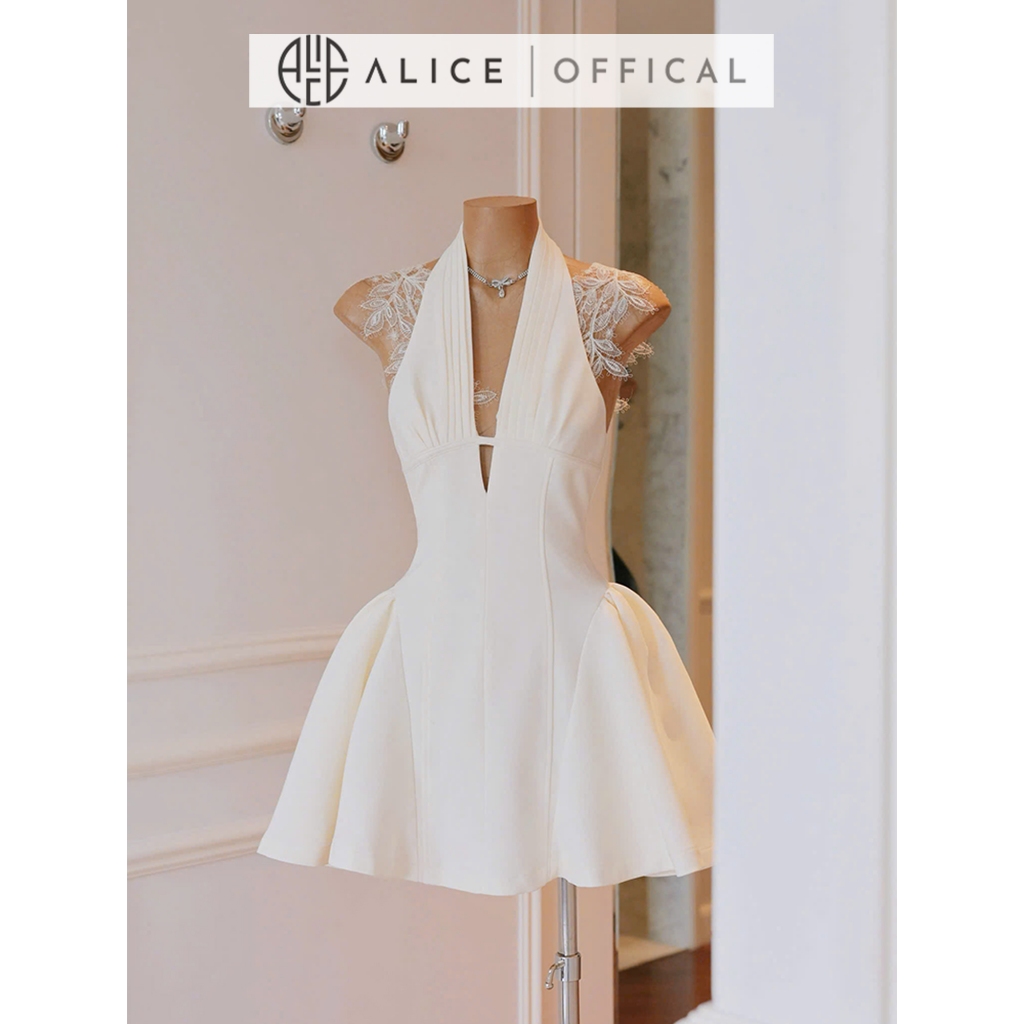 Váy Dự Tiệc Cao Cấp Alice Cổ Yếm Chữ V Sâu Phối Ren Vai, Đầm Ngắn Ôm Eo Khoét Lưng Dáng Chữ A Bông 2 Hông T248