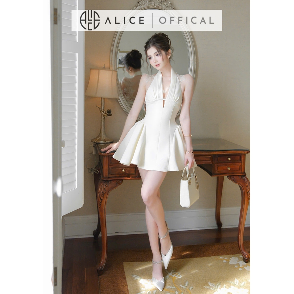 Váy Dự Tiệc Cao Cấp Alice Cổ Yếm Chữ V Sâu Phối Ren Vai, Đầm Ngắn Ôm Eo Khoét Lưng Dáng Chữ A Bông 2 Hông T248