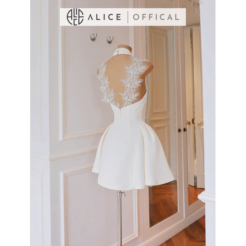 Váy Dự Tiệc Cao Cấp Alice Cổ Yếm Chữ V Sâu Phối Ren Vai, Đầm Ngắn Ôm Eo Khoét Lưng Dáng Chữ A Bông 2 Hông T248