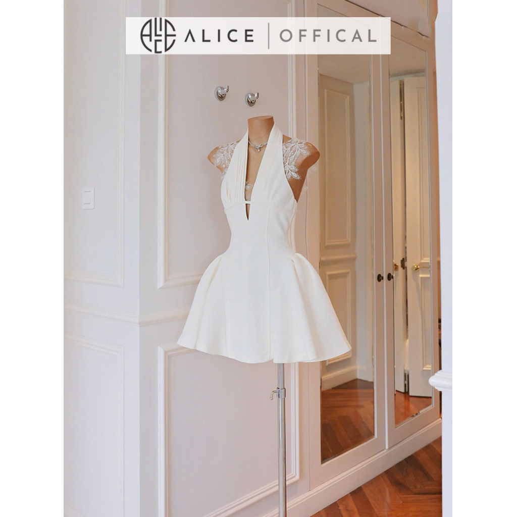 Váy Dự Tiệc Cao Cấp Alice Cổ Yếm Chữ V Sâu Phối Ren Vai, Đầm Ngắn Ôm Eo Khoét Lưng Dáng Chữ A Bông 2 Hông T248