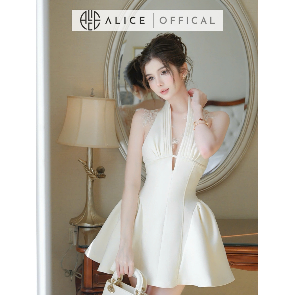 Váy Dự Tiệc Cao Cấp Alice Cổ Yếm Chữ V Sâu Phối Ren Vai, Đầm Ngắn Ôm Eo Khoét Lưng Dáng Chữ A Bông 2 Hông T248