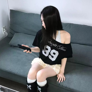 Hàn Quốc midnight move hở vai ngắn tay áo ngắn cổ áo thun nữ chéo vai hở vai ngắn th2h jiwo